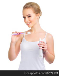 Girl with toothbrush isolated on white