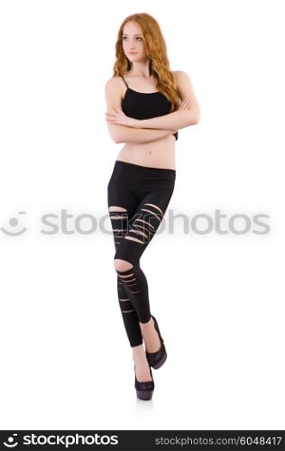Girl with torn leggings on white