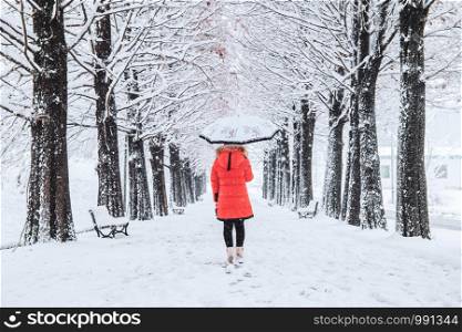 Girl with umbrella in a winter day