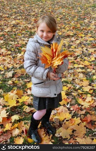 girl with yellow leaves standing in the park