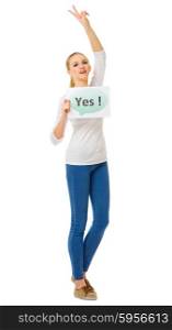 "Girl with "Yes" placard isolated"