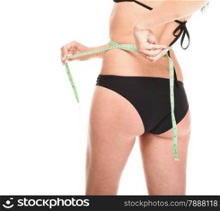 Girl woman measuring, perfect shape of beautiful thigh. Studio isolated