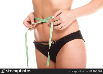 Girl woman measuring, perfect shape of beautiful thigh. Studio isolated