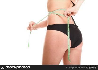 Girl woman measuring, perfect shape of beautiful thigh. Studio isolated