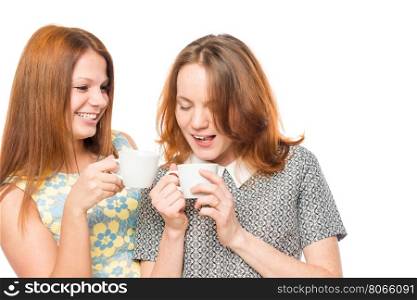 girlfriends enjoying a delicious tea, portrait on a white background