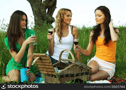 girlfriends on picnic in green grass