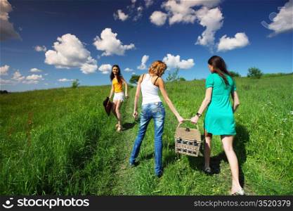 girlfriends on picnic in green grass field