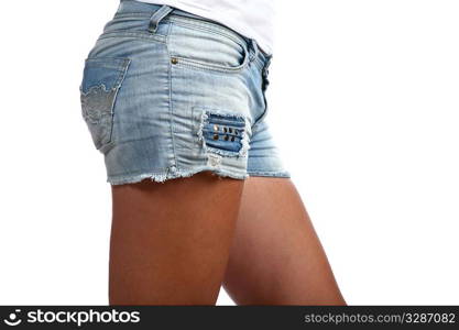 girls back in profile (jeans shorts) on white