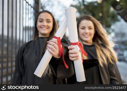 girls graduation showing their certificates