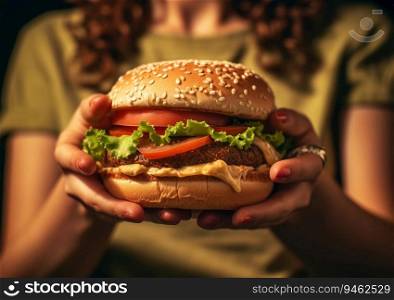 Girls hands holding burger with cheese in restaurant.Macro.AI Generative