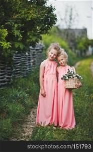 Girls in pink dresses standing in the middle of the garden.. Girlfriends are standing in the garden holding hands 6611.
