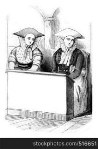 Girls in Sunday suit, vintage engraved illustration. Magasin Pittoresque 1845.