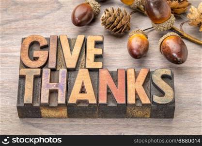 give thanks - Thanksgiving concept - text in vintage letterpress wood type printing blocks with cone and acorn decoration