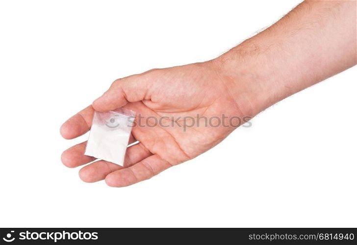 Giving drugs in a plastic bag, isolated on white
