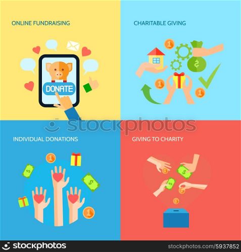Giving hands 4 flat icons square banner. Funds raising and donation online 4 flat icons square composition charitable organization banner abstract vector isolated illustration