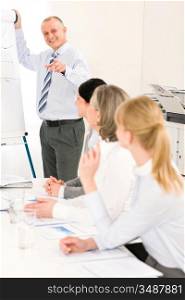 Giving presentation executive businessman during meeting pointing at colleagues