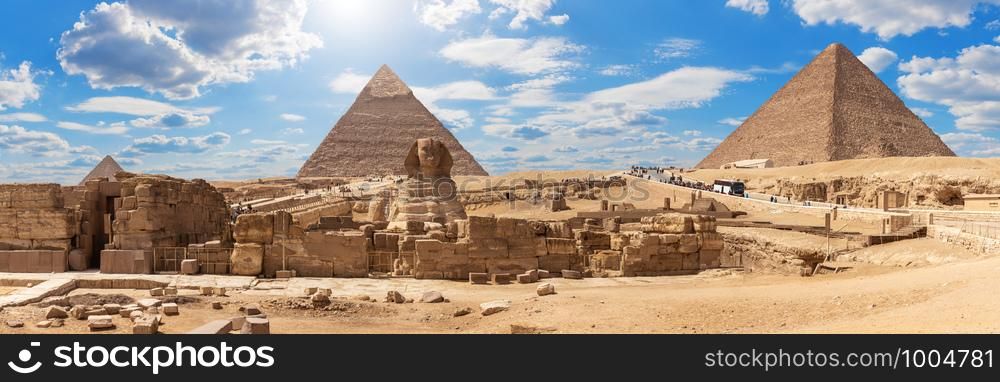Giza Pyramids and the Sphinx, beautiful Egyptian panorama.. Giza Pyramids and the Sphinx, beautiful Egyptian panorama