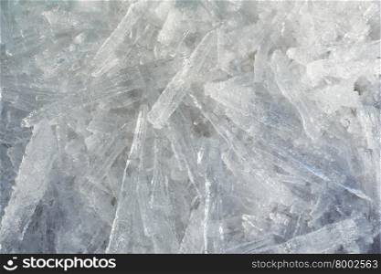 Glacial block of ice with interesting structure crystals macro. Winter background.