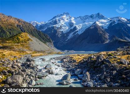 Glacial lake, Hooker Valley Track, Mount Cook, New Zealand. Glacial lake in Hooker Valley Track, Mount Cook, New Zealand. Glacial lake in Hooker Valley Track, Mount Cook, New Zealand