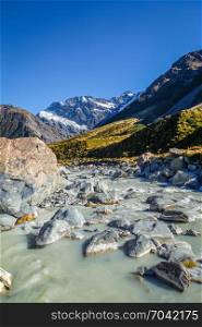 Glacial river, Hooker Valley Track, Mount Cook, New Zealand. Glacial river in Hooker Valley Track, Mount Cook, New Zealand