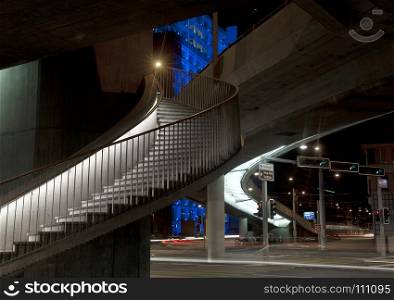 glacier ice cave. modern, spiral, stairs, citylights, night, led, colorful, color, blue, city, trafficlight, night, design, architecture, zurich, cityscape,