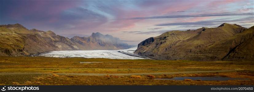 Glacier of Iceland with a colorful sunset