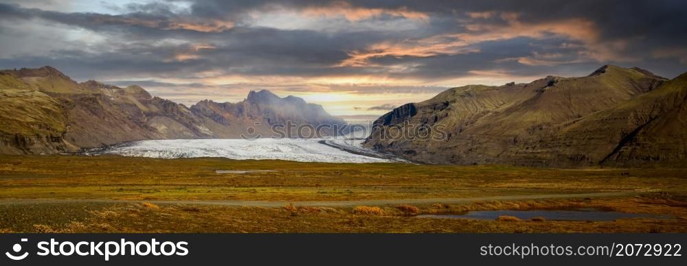 Glacier of Iceland with a colorful sunset