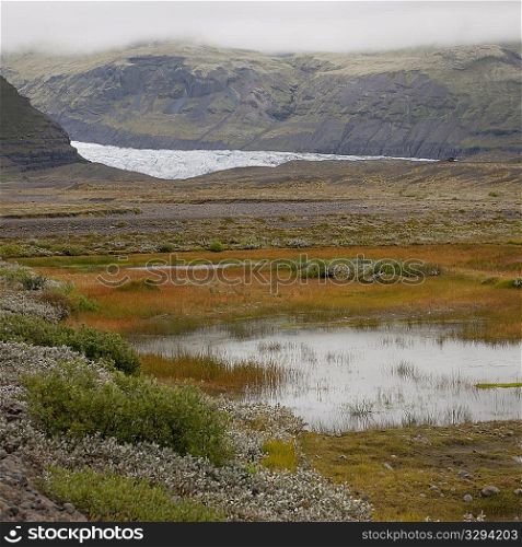 Glacier through mountain valley, wetlands in forefront
