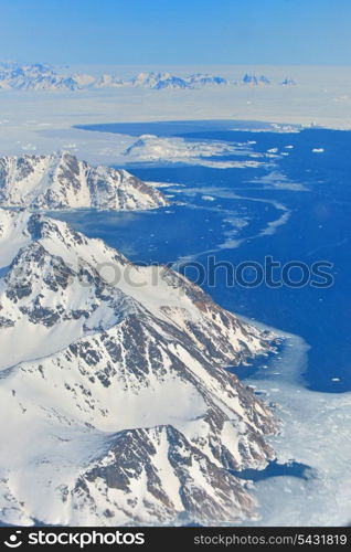 Glaciers and icebergs of Greenland, Beautiful view of mountains, Snowy peaks