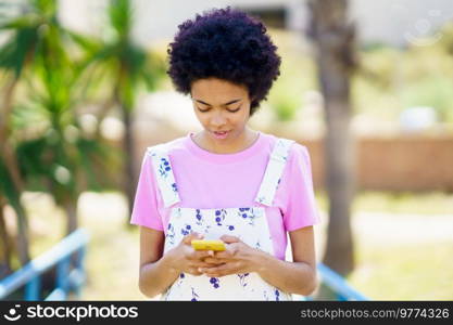 Glad African American female in casual wear scrolling social media on cellphone while standing on street with trees against blurred background. Content black woman checking smartphone on street