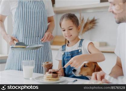 Glad small girl enjoys eating tasty dessert prepared by mum, adds melted chocolate to pancakes, enjoys being together and mother, father and dog, have delicious nutritious breakfast in kitchen