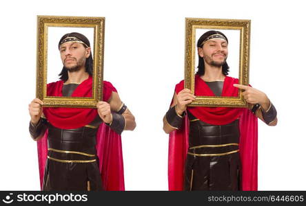 Gladiator holding picture frame isolated on white