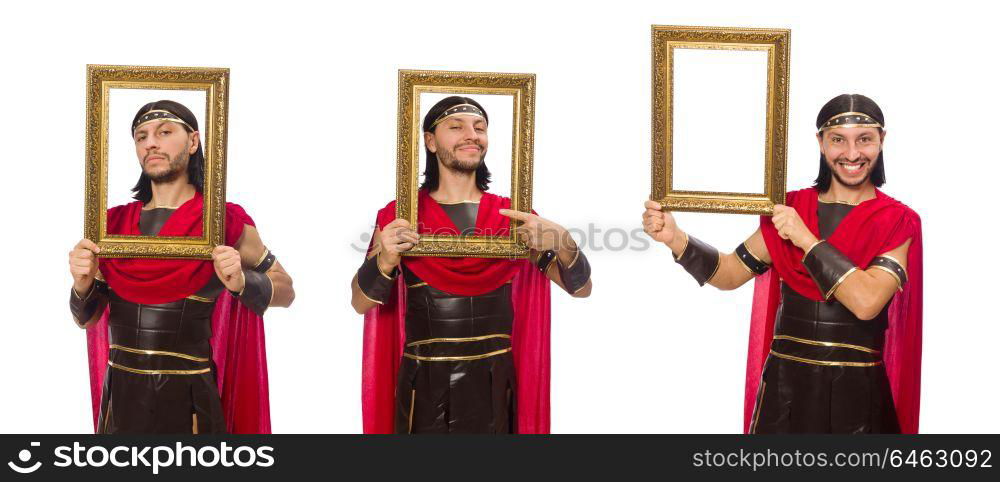 Gladiator holding picture frame isolated on white