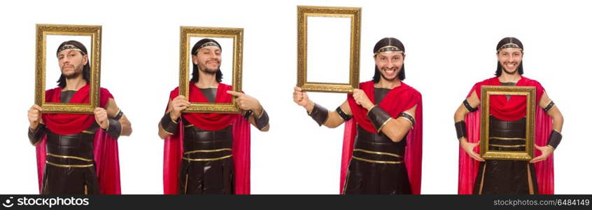 Gladiator holding picture frame isolated on white