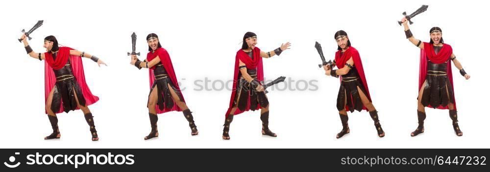 Gladiator posing with sword isolated on white