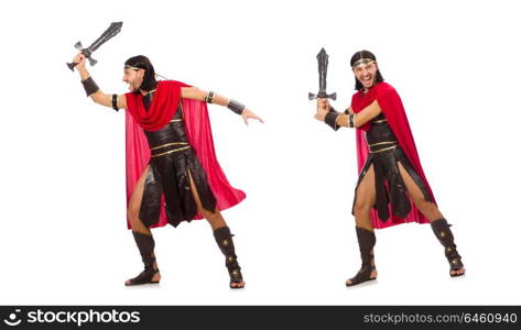 Gladiator posing with sword isolated on white