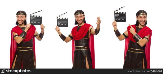 Gladiator with clapper-board isolated on white