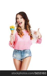 Gladness. Delightful Woman with Ice Cream Laughing