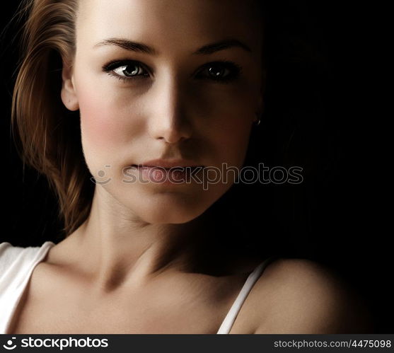 Glamor woman dark face portrait, beautiful female isolated on black background, stylish sexy look, young lady studio shot