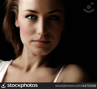 Glamor woman dark face portrait, beautiful female isolated on black background, stylish sexy look, young lady studio shot
