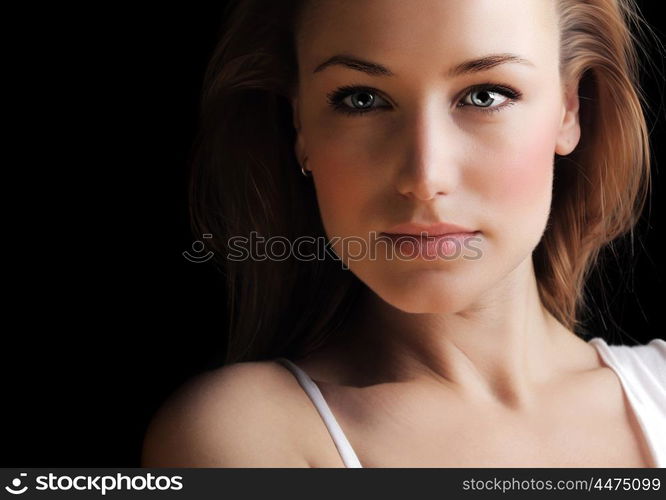 Glamor woman face dark portrait, beautiful female isolated on black background, stylish sexy look, young lady studio shot