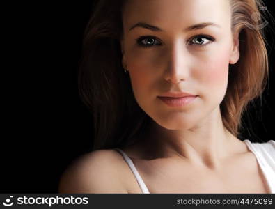 Glamor woman face dark portrait, beautiful female isolated on black background, stylish sexy look, young lady studio shot