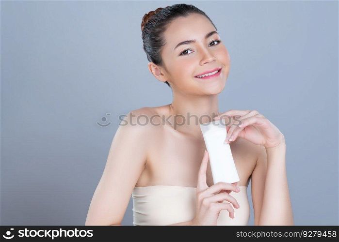 Glamorous beautiful perfect natural cosmetic skin woman portrait hold mockup tub moisturizer cream for skincare treatment, anti-aging product advertisement in isolated background.. Glamorous perfect skin woman holding mockup moisturizer tube.