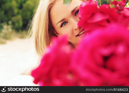 Glamorous photo shoot in a chic outdoor garden. Photo toned style Instagram filters