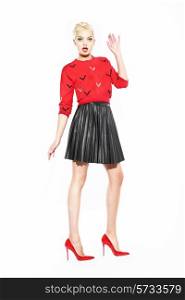 Glamorous Woman in red Blouse and Black Skirt