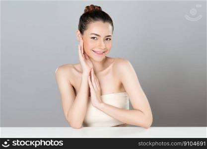 Glamorous woman portrait with perfect smooth pure clean skin with soft cosmetic makeup in isolated background. Beauty hand gesture with expressive facial expression for skincare product or spa ad.. Glamorous beautiful woman with perfect smooth and clean skin advertisement.