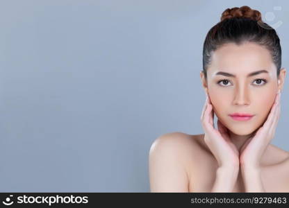 Glamorous woman portrait with perfect smooth pure clean skin with soft cosmetic makeup in isolated background. Beauty hand gesture with expressive facial expression for skincare product or spa ad.. Glamorous beautiful woman with perfect smooth and clean skin advertisement.