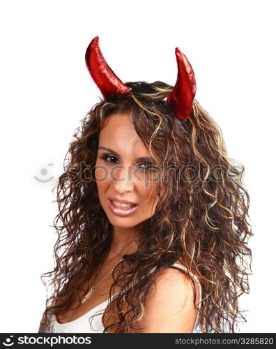glamour Devil - face of sexy brunette with horns smirking isolated on white