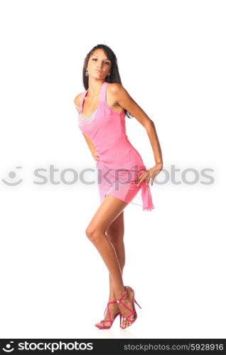 Glamour girl in Pink dress on white background