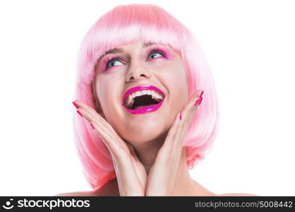 Glamour girl with pink hair. Portrait of girl with glamour make-up and pink hair isolated on white background